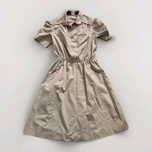 Women's Secretary Shirt Dress Belted Midi Plaid Trim Latte Short Sleeve Size M